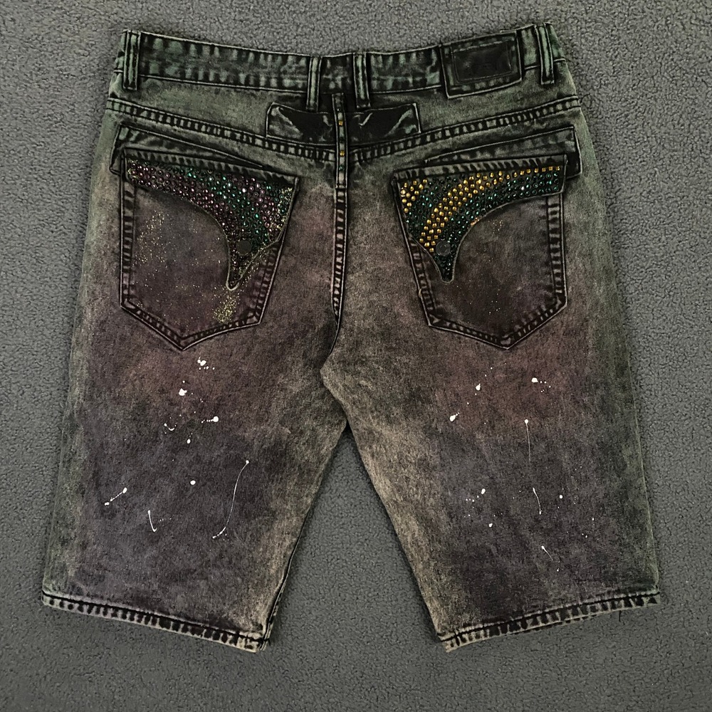 Robin's Jean Motard Denim Shorts Mens 38 Green Purple Acid Paint Splatter Beads